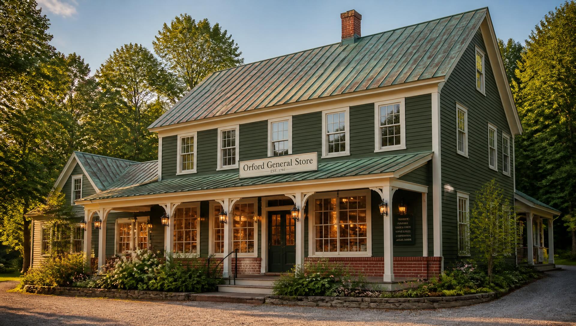 The restored Roost General Store: dark green clapboard siding with antique-white trim, an aged copper roof, and a covered front porch with garden plantings.